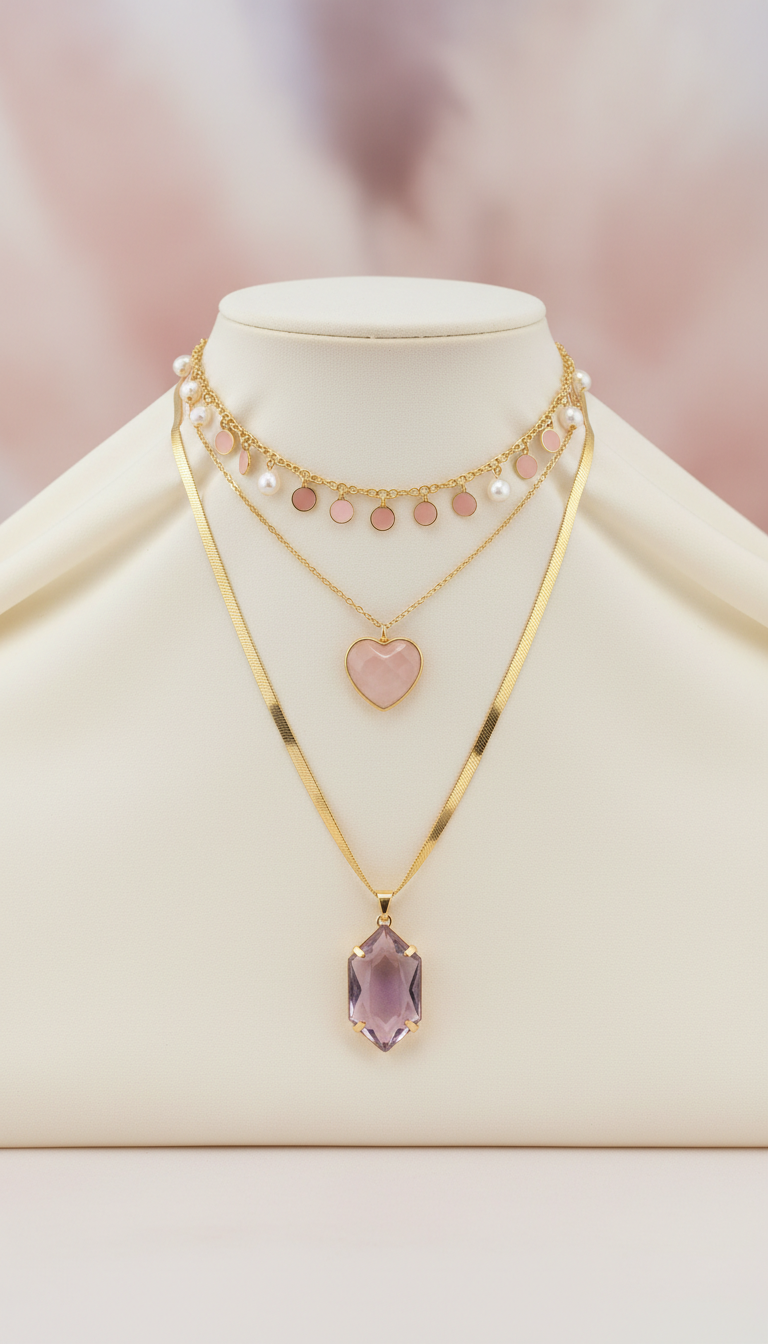 Layered Gold-Plated Necklaces With Blush Charms