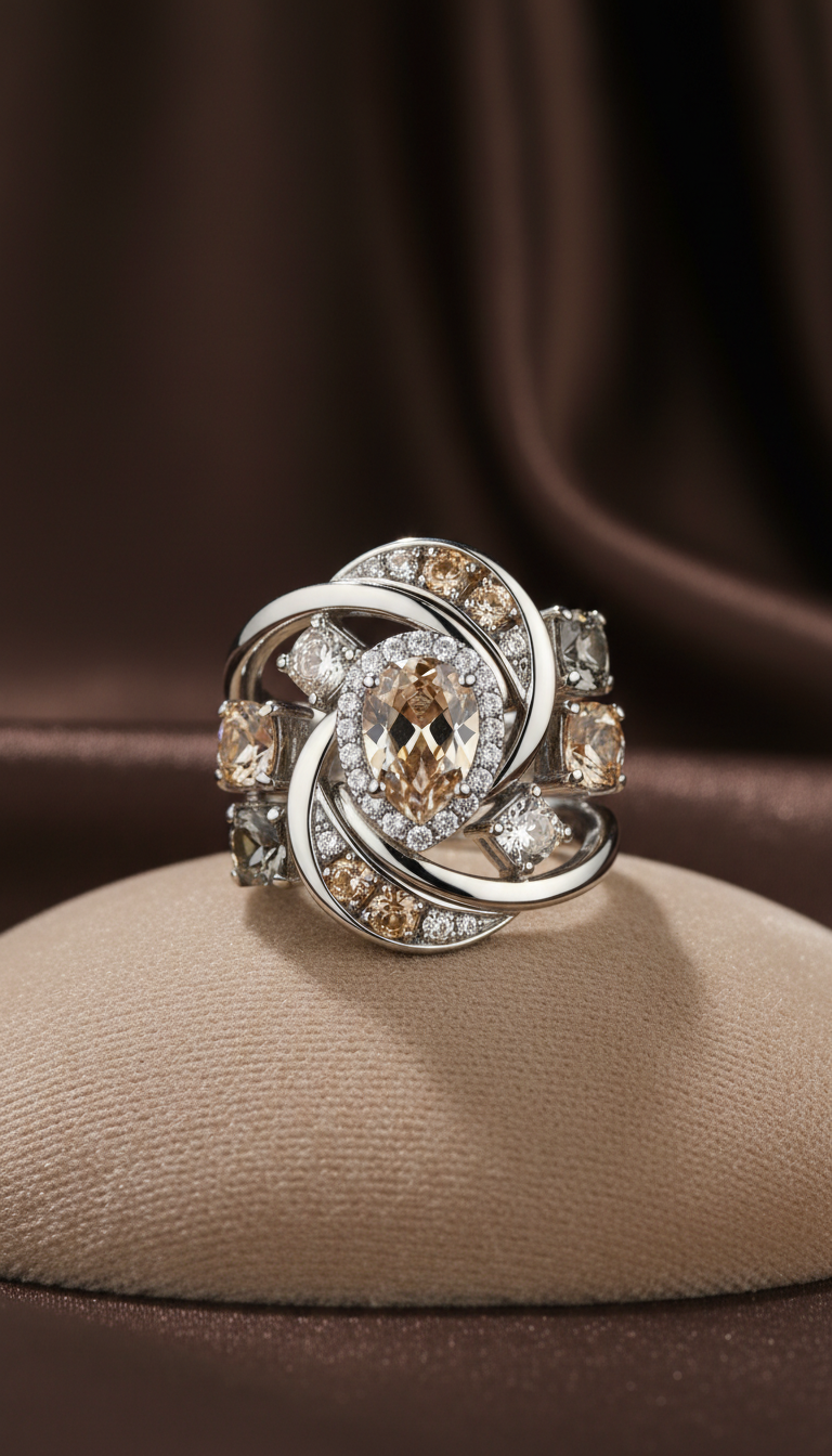 Rhodium and Crystal Statement Ring Set